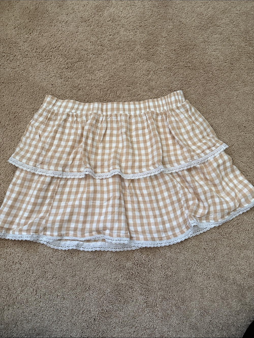 Tiered Gingham Mini Skirt in Beige and White